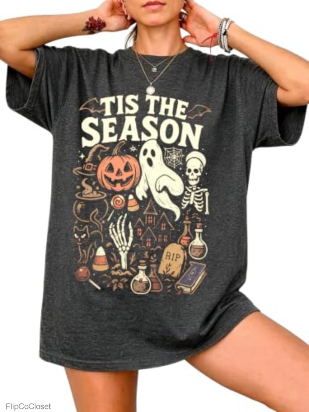 Oversized Halloween Graphic T-Shirt Women Spooky Season Ghost Print Crew Neck